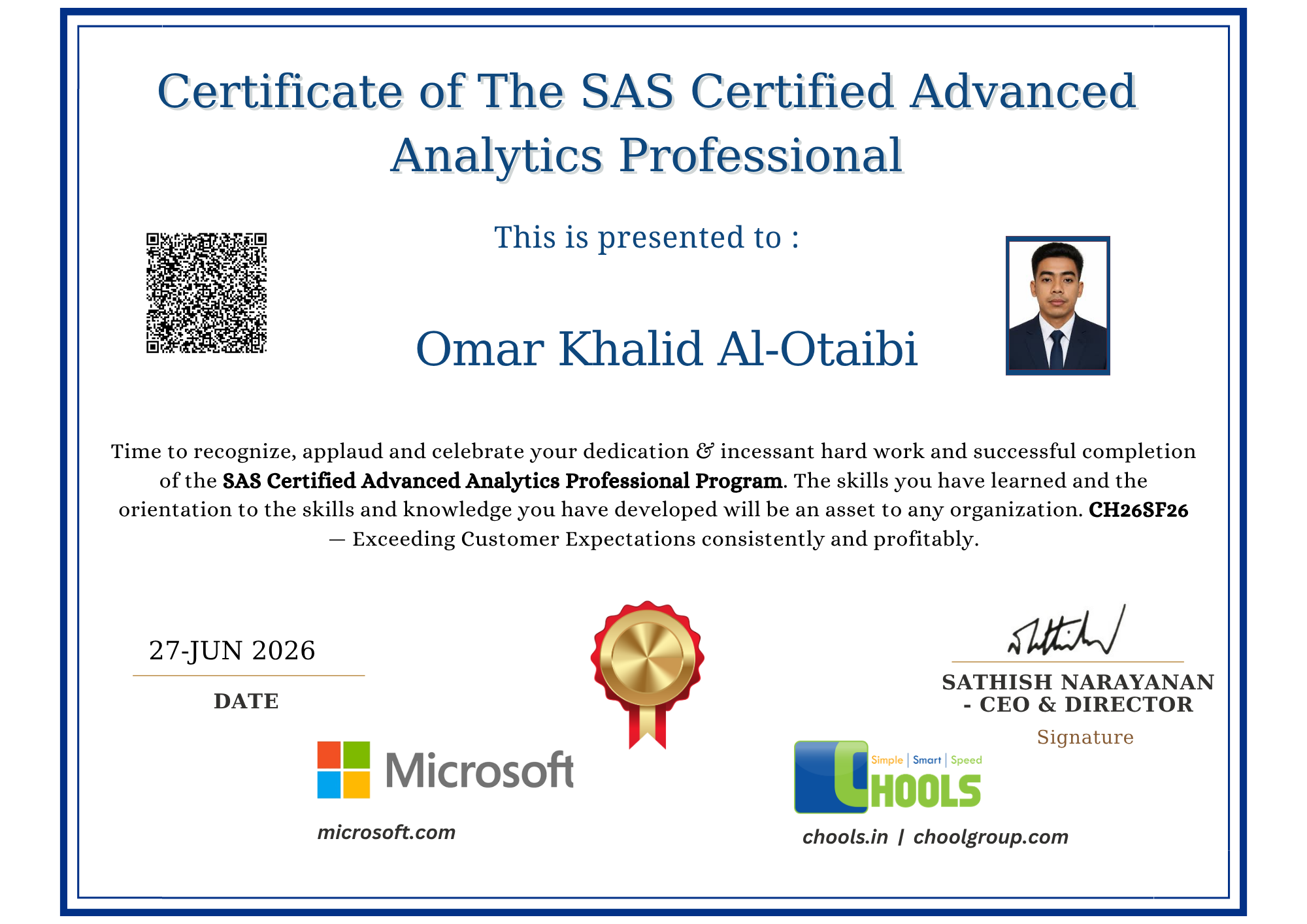 SAS Certified Advanced Analytics Professional Program Certificate